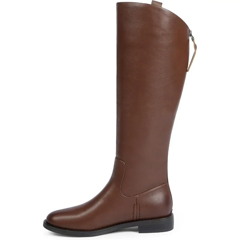 Women's A-brown Rounded Toe Flat Low Chunky Zip Heel Knee High Boots